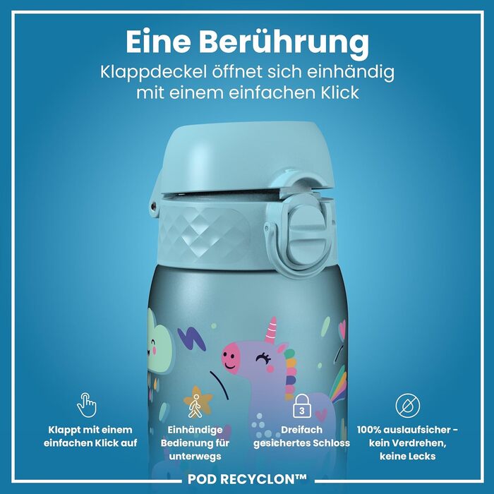 ion8 Insulated Stainless Steel Drinking Bottle 320 ml Leak-Proof One-Hand Opening Secure Locking Dishwasher Safe Flip-Top Lid Carrying Handle Easy to Clean, Durable, Unicorn (Evo, Recyclon, Alaskablue)