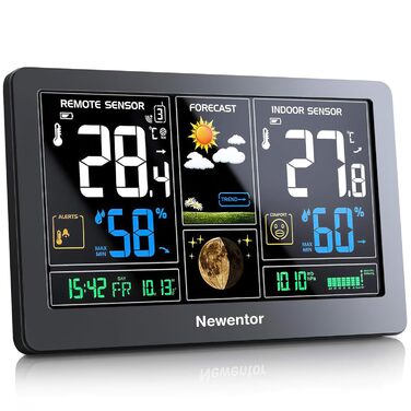 Newentor Weather Station Radio with 2 Outdoor Sensors - Radio Weather Station with Weather Forecast, Temperature Warning, DCF Radio Clock - Battery Powered and Mains Powered, White 1*Station + 2*Outdoor Sensor White