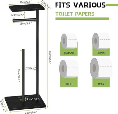 LIANTRAL Freestanding Toilet Paper Holder, Bathroom Toilet Paper Holder, Toilet Paper Storage with Shelf, Stainless Steel Tubes and Wooden Boards, Toilet Paper Storage Dispenser