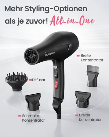 Dekuri Professional Ionic Hair Dryer with Diffuser & Styling Nozzles - 3 Heat & 2 Speed Settings, 2.5m Cord - Powerful Hair Dryer for Family Use (Black)