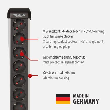 Бренненштуль Premium-Protect-Line Розподільний блок 8 розеток з захистом від перенапруги 60.000A (з вимикачем та 3м кабелем, Made in Germany), Срібно-чорний