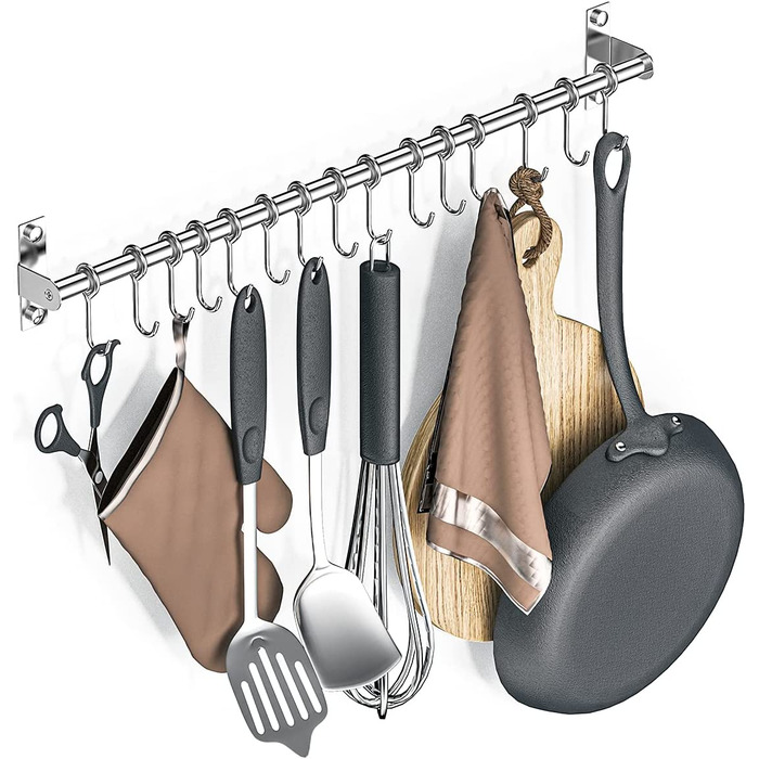 Booxihome Kitchen Rail Stainless Steel Hanging Rail Kitchen Utensil Holder Rustproof Pan Holder Cup Holder with 15 Hooks for Kitchen Aids Cooking Accessories Kitchen Utensils (60cm)…