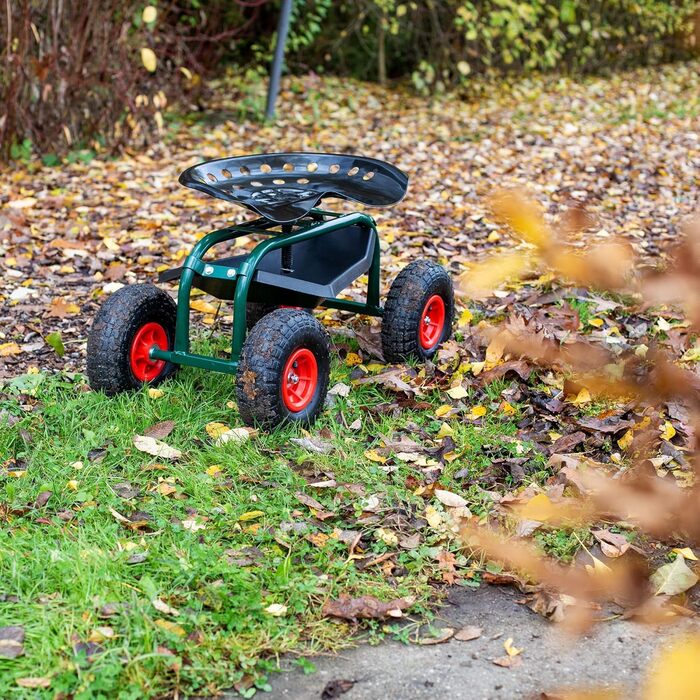 Садовий табурет UPP Rollsitz Outdoor Deluxe зі сталевою рамою, широкими гумовими колесами, регульованою висотою сидіння, відсіком для інструментів, чохлом, макс. навантаження 150 кг, зелений