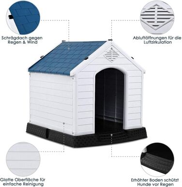 Будка для собак COSTWAY, пластикова хатинка для собак з піднятим дном та водонепроникним дахом, хатинка для домашніх тварин, для саду, приміщень та вулиці, блакитно-біла (70x65x71,5 см)
