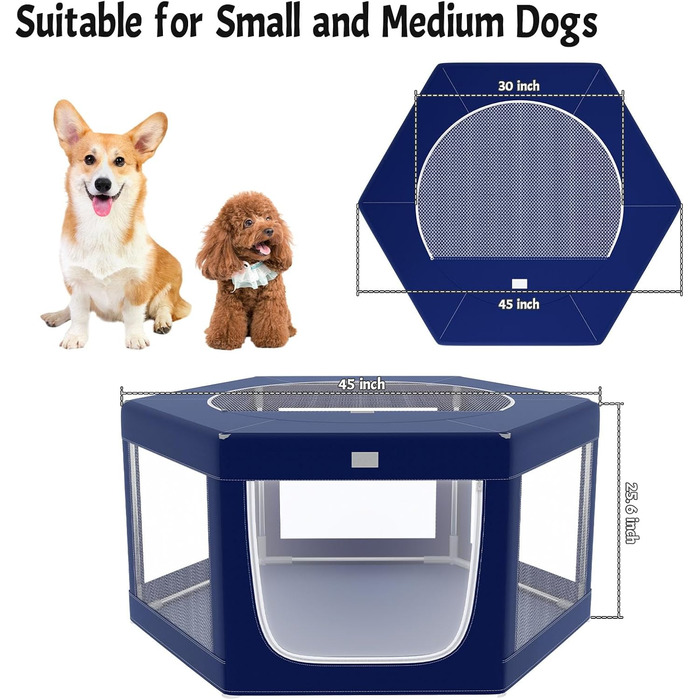 Клітка для собак шестигранна, 114 см, з м'якою обшивкою з 600D Oxford, стабільна конструкція з нержавіючої сталі, 65,6 см у висоту, для малих та середніх собак, блакитна
