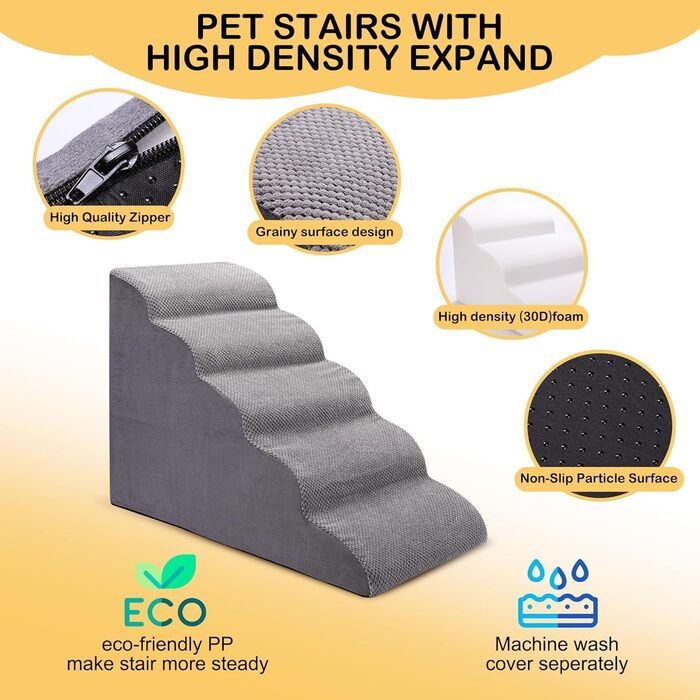Trhillsbrad Breiter Hundetreppe 5 Stufen 62cm hoch für Kleine Hunde, Hochdichtem Schaumstoff Haustiertreppe, Waschbarem Bezug und Rutschfestem Boden
