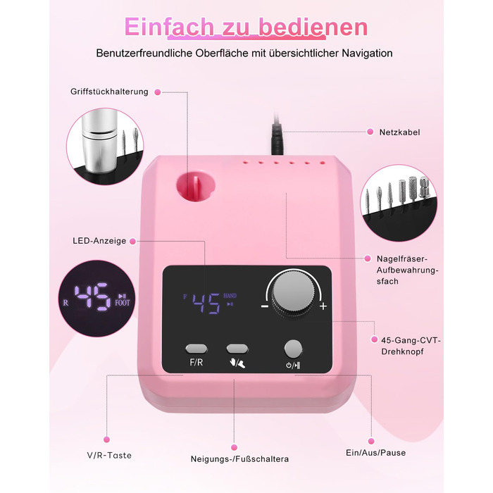 Електрична машинка для манікюру та педикюру CozyZen Professional: набір для догляду за нігтями з LCD-дисплеєм, керуванням рукою та ногою, тиха робота (рожевий)