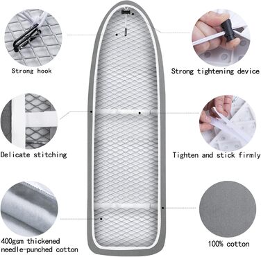 Чохол для гладильної дошки, 140 x 50 см, великий, з бавовни 100%, товстий, антиковзкий, сірий, XXL