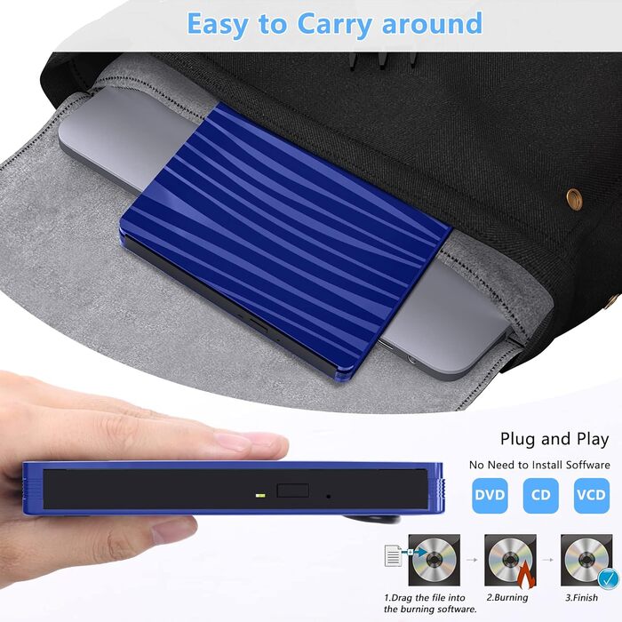Зовнішній DVD-привід USB 3.0 та Type-C, портативний CD/DVD +/-RW записувач для ноутбука, ПК, MacBook, Windows, macOS, Linux (Темно-синій)
