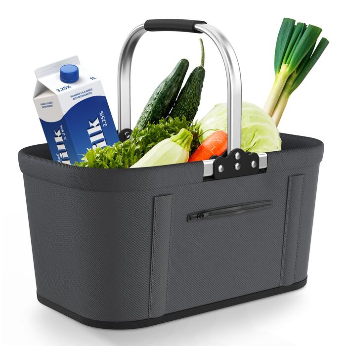 Складаний кошик для покупок на 30 літрів з 4 стійкими ніжками | Міцний кошик для перенесення та пікніків | Великий сімейний кошик (46x27x25 см) | З м'якими ручками | Для покупок, подорожей, кемпінгу (30л, сірий)