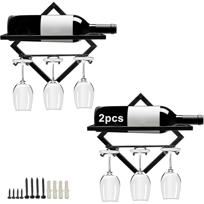 2pcs Metal Wall Mounted Wine Rack Stemware Glass Rack, Foldable Wall Hanging Red Wine Shelf Organizer with 3 Stem Glass Holders, Black Wine Bottle Hanger for Home Kitchen Bar Wall Decor