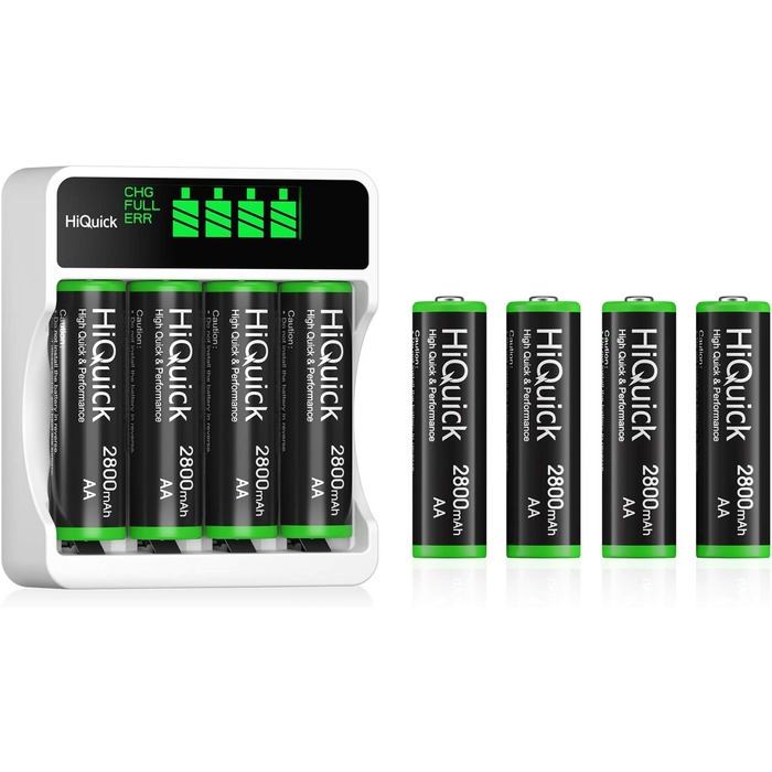 Зарядний пристрій HiQuick для акумуляторів NI-MH/NI-CD AA/AAA з LCD-дисплеєм, 4 слоти, швидка зарядка, універсальний, 8*AA в комплекті