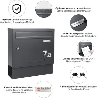 Поштовий ящик Zedelmaier Anthrazit RAL 7016 з газетницею та табличкою з нержавіючої сталі, 3D номер будинку, сучасний, стійкий до погодних умов, подвійне порошкове покриття