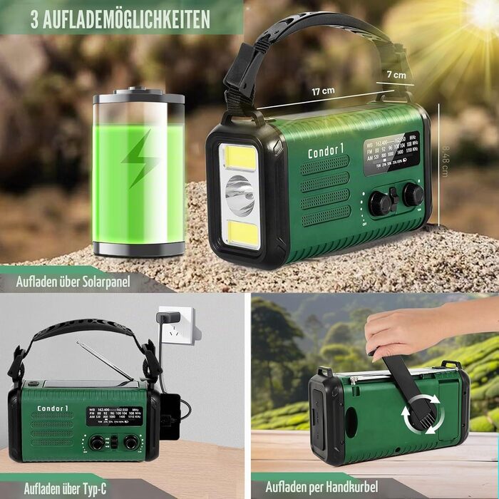 Радіо на сонячній батареї з ручним заводом 20000mAh, AM/FM, радіо для екстрених ситуацій, зарядний пристрій для телефону, SOS-сигнал, ліхтарик та лампа для кемпінгу та надзвичайних ситуацій, зелений