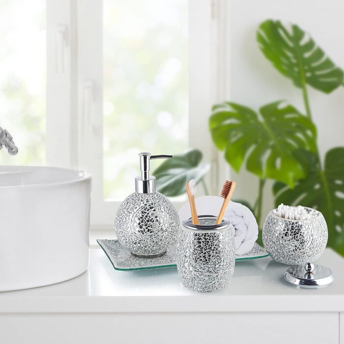 4-Piece Mosaic Glass Bathroom Accessories Set, Modern Luxury Bathroom Ensemble, including Soap Dispenser, Cotton Swab Holder, Toothbrush Holder, Vanity Tray (Shiny Blue) (Shiny Silver)