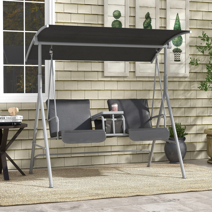 Outsunny Hollywood 2-Seater Swing Bench with Canopy, Bag, Garden Swing with Tray, Holds up to 180 kg, for Garden, Balcony, Black | Aosom
