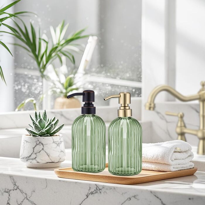 Дозатор для мила з бурштинового скла, 473 мл, з щіткою з золота, для ванної кімнати та кухні