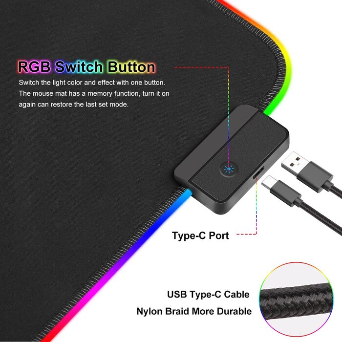 Килимок для миші ігровий RGB 800x300 мм XXL, великий, з 14 режимами підсвічування, 7 LED кольорами, вологостійкий, з антиковзким покриттям для ПК, професійний геймер, чорний