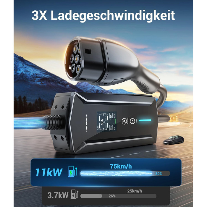 Портативний зарядний пристрій для електромобілів 11 кВт з LCD-дисплеєм, IP65, Schuko, 16A, для EV та PHEV