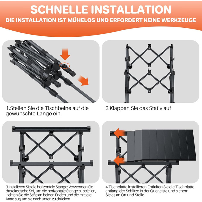 Складаний туристичний стіл Funykich 82x40 см, регулювання висоти (44/70 см), з сітчастою кишенею, для пікніка, кемпінгу, BBQ, саду