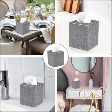 BTSKY Square Tissue Box Cover in Linen with Decorative Gold Line – Cube-Shaped Tissue Paper Holder, Tissue Storage, Organizer, Tissue Box Dispenser, Serviette Box, Gray