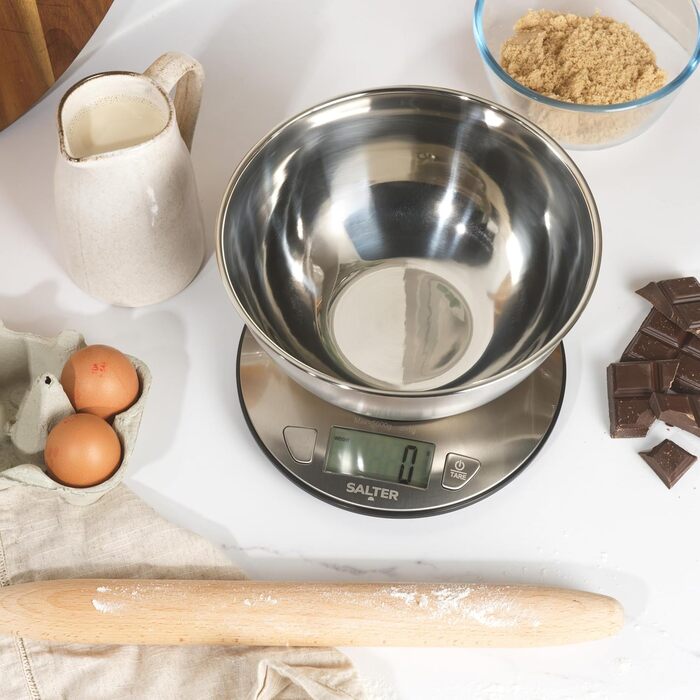Кухонні ваги Salter з мискою - ваги для вимірювання рідини, 5 кг, 2 л, нержавіюча сталь, LCD-дисплей, для випічки та приготування їжі