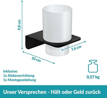 WEISSENSTEIN Toothbrush Holder without Drilling | Cup and Toothbrush Holder for Gluing to the Wall | Stainless Steel Holder and White Glass | in Matte Black