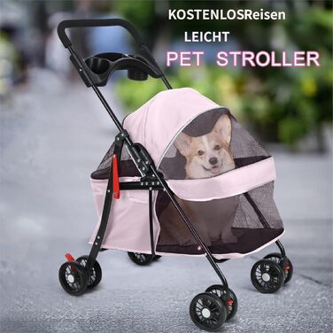 2в1 Візок для собак до 15 кг, буги для собак з тримачами для напоїв, переноска для собак, складаний, з гальмом, вагончик для собак, 48 x 68 x 95 см (Рожевий)