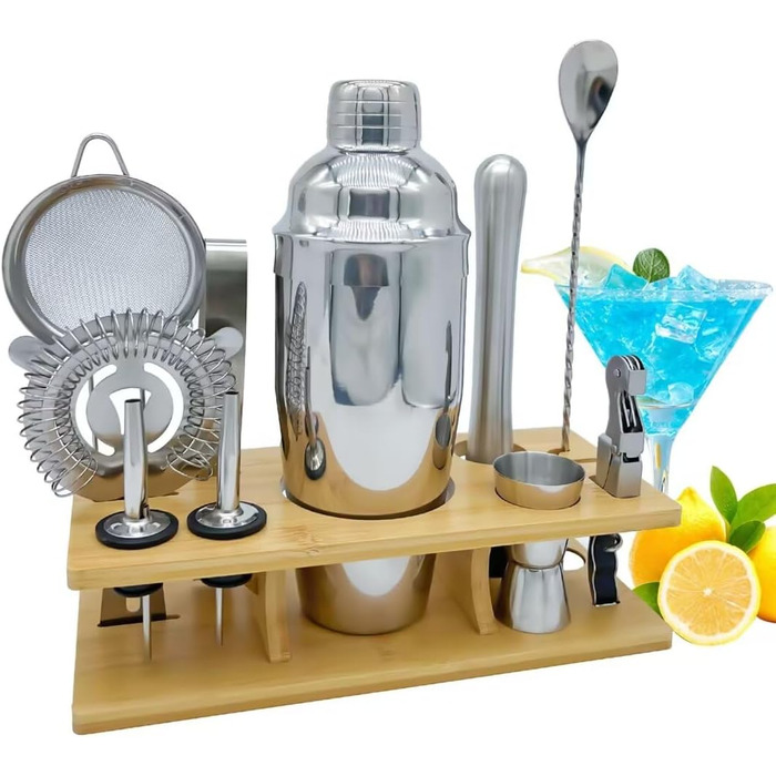Набір бармена OBALY Barkeeper Kit: шейкер, мадлер, аксесуари для коктейлів (25oz) з бамбуковою підставкою. З рецептами коктейлів. Сріблястий колір