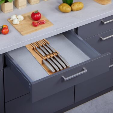 Relaxdays Knife Block Drawer, for 9 Knives & Honing Steel, Bamboo Knife Block Lying, HxWxD: 5.5 x 13 x 40 cm, natural