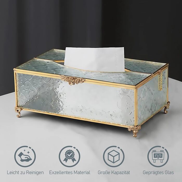 SLHEQING Tissue Box Gold Cosmetic Tissue Box Rectangular Tissue Dispenser Tissue Box made of Glass and Metal Tissue Box for Dresser Bathroom Decor Living Room Bedroom Office