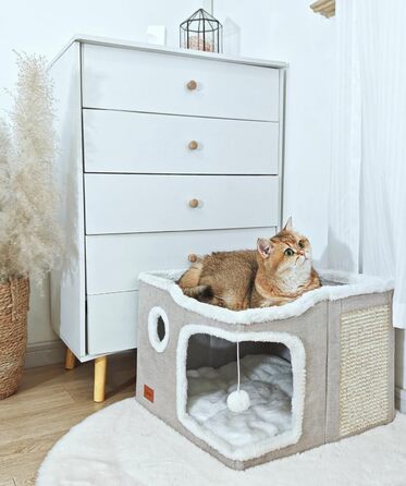 Large Cat Cave Bed for House Cats, Foldable Pet House, Cube with Scratch Pad, Kitten Cave, Cat Hideaway Cute Hut with Soft Cushion Mat, Beige, 43.2 x 43.2 x 33 cm
