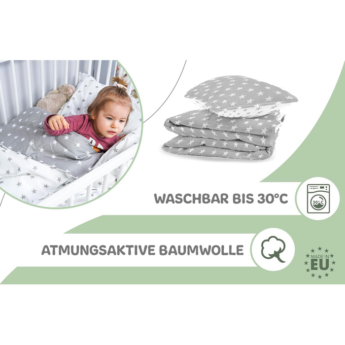 Комплект постільної білизни для дитячого ліжечка 90x120 см з бавовни Kinderbettwäsche - комплект ковдри та наволочок 40x60 см для малюків (хлопчиків та дівчаток). Oeko-Tex, білий з сірими зірками / сірий з білими зірками.