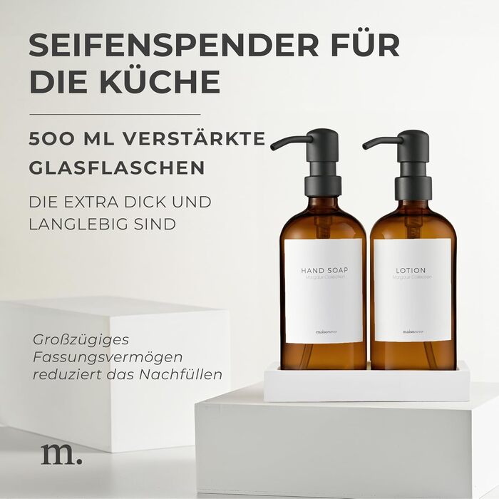 MaisoNovo Soap Dispenser Set - Soap Dispenser for Kitchen - 500 ml Amber Bottles, Black Pumps, Glass Pump Dispensers, Soap Dispenser Set, 2-Piece Set and Concrete Tray - Dish Soap Dispenser Kitchen