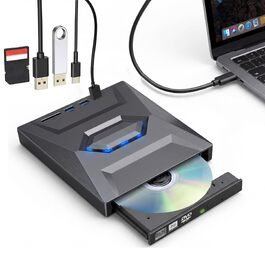 Зовнішній CD/DVD привід для ноутбука та ПК USB 3.0 & Type-C, DVD-RW записувач з картридером SD/TF та USB-хабом для Windows, Linux, Vista