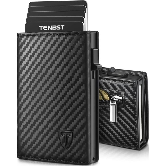 Чоловічий гаманець TENBST з відділенням для монет, преміум якість, RFID захист, slim дизайн, на 8-10 карт, з ковадлинного шкірозамінника, чорний