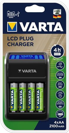 Зарядний пристрій VARTA LCD Plug для AA/AAA/9V та USB з 4x AA 2100 mAh (чорний)