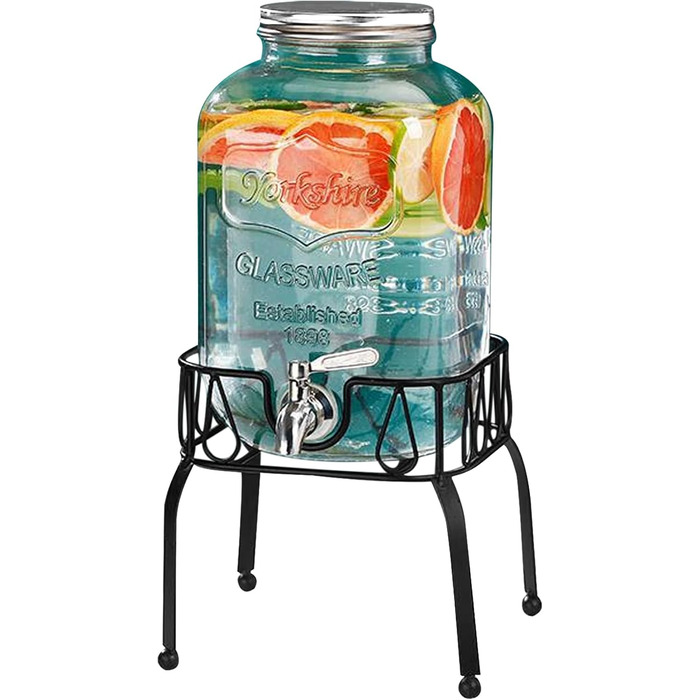 Keg-shaped drink dispenser, 3L/4L/5L glass water dispenser with stand, keg decanter with tap, alcohol dispenser ideal for wine, whisky, beer, juices, lemonade, gifts for friend, husband, father (4L)