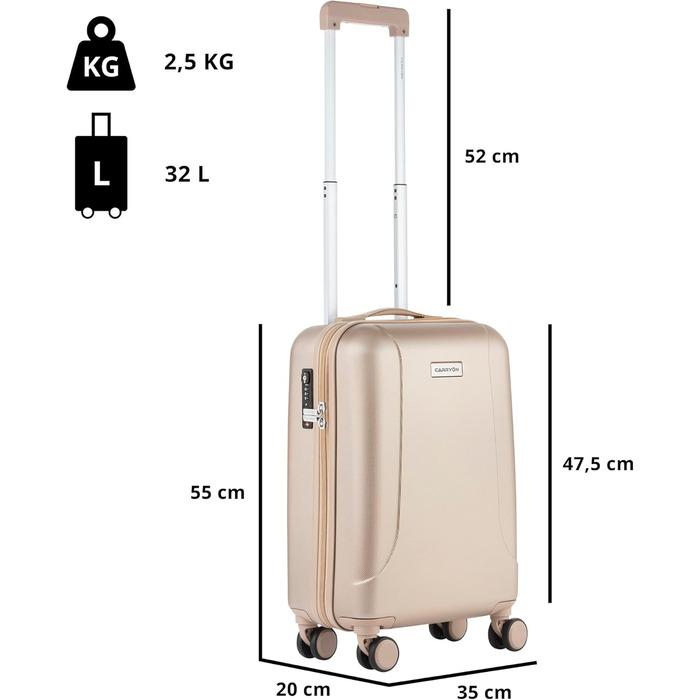 Чемодан ручної поклажі CarryOn Skyhopper з жорстким корпусом 55x35x20 см, TSA, подвійні колеса (Золотий, Маленький)
