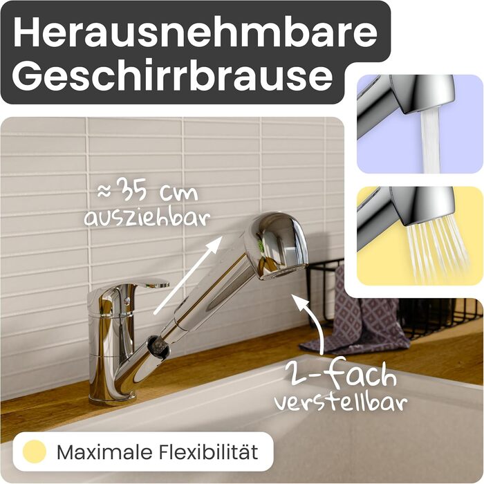Кухонний змішувач Instmaier з висувною лійкою та душовою насадкою | Хром | Змішувач для кухні з 2 режимами струменя | Однорідний змішувач | Кухонний кран з поворотним виливом | Високий тиск