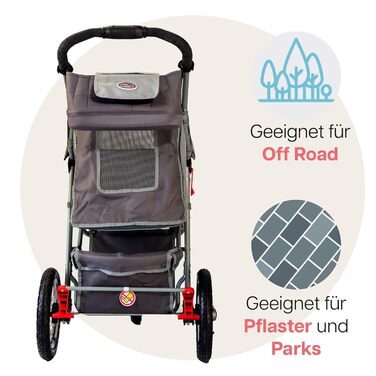 Візок для собак Innopet Comfort Air Eco чорного/срібного кольору – візок для собак/кішок з 30см повітряними колесами, складаний, для лісових стежок, з світловідбиваючими смугами, органайзером, з переробленого нейлону (сірий)