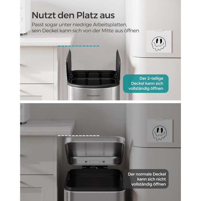 Сміттєве відро SONGMICS для кухні з сортувальником, 30/20 л, з педаллю, 2 відділення, білий + металік