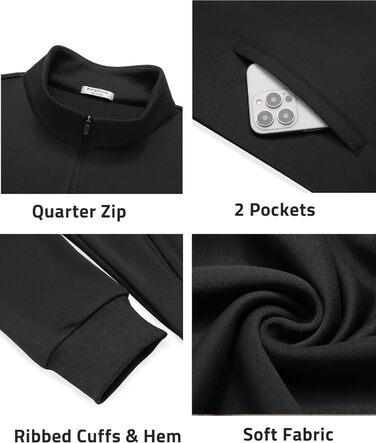 Світшот чоловічий PINSPARK з ¼ блискавкою, довгим рукавом, без капюшона, чорний, XL