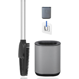 Набір для туалету 3-в-1 з силіконовою щіткою, тримачем та кріпленням на стіну, довга ручка з нержавіючої сталі, гігієнічний з ламелями та скребком, для ванної кімнати та гостьового туалету (Антрацитовий сірий)