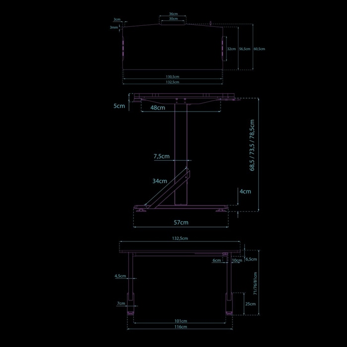 Ігровий стіл Ultradesk IRON WHITE, 132,5x60,5 см, регулювання висоти 71-81 см