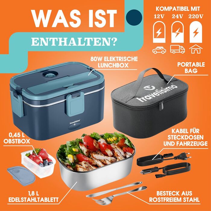 Electric Lunch Box 80W Thermo Lunch Box for Hot Food, 1.8L Heat Box 3-in-1 Food Warmer, Food Warming Box for 12V/24V/220V, for Work, Car, Truck Electric Lunchbox, Warming Box