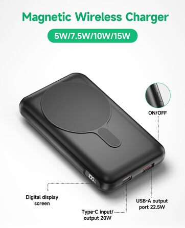 Портативний зарядний пристрій 20000mAh з MagSafe, PD 22.5W, USB-A, магнітне підключення, бездротова зарядка 15W, LED дисплей, чорний