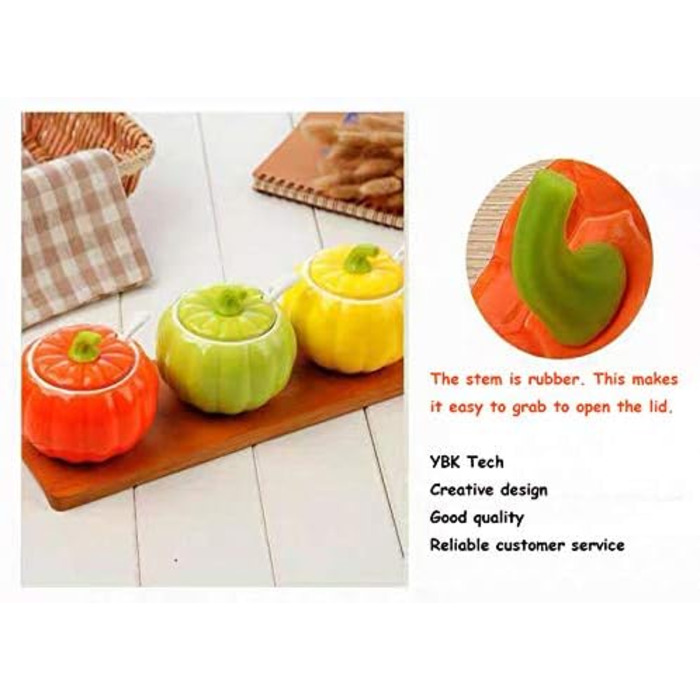 YBK Tech Cute Pumpkin Candy Jar Ceramic Sugar Bowl for Coffee Tasting (3 Pieces + Wooden Holder)