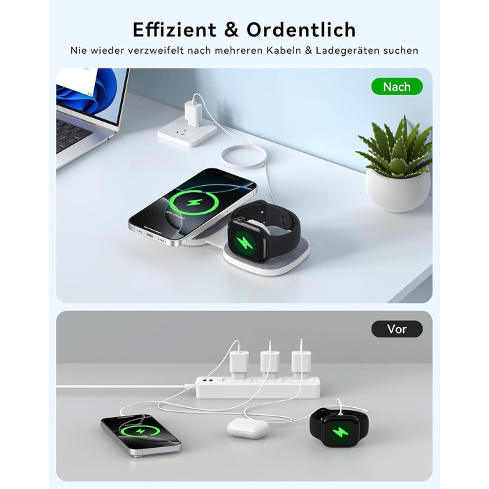 Зарядна станція 2-в-1 для Apple Watch та iPhone MagSafe (20W, сіра) - сумісна з iPhone 17e/Air/17/16/15/14/13/12 та Apple Watch Series 11/10/9/8/7/6/5/4/3/2/SE/Ultra, AirPods