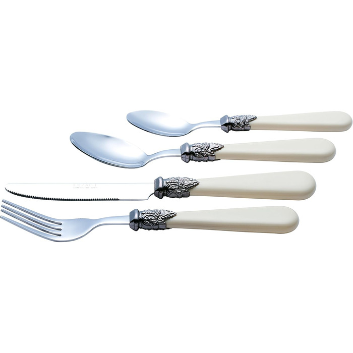 EXZACT Ivory Cream Flatware Set, 24 Pieces, Stainless Steel with Detailed Handle, Traditional, Elegant, Vintage Style/Antique (WF28-24CRM)